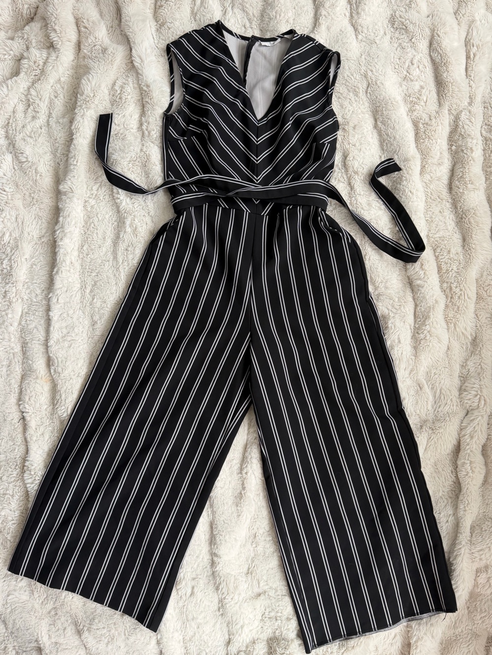 New York & Company Black and White Striped Sleeveless Jumpsuit with side pockets
